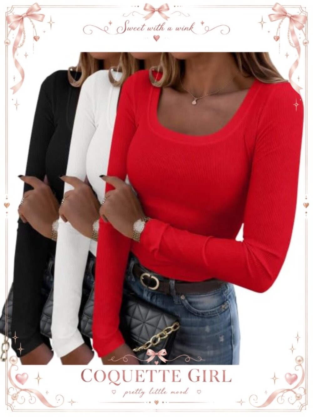 Rib Knit Long Sleeve Square Neck Fitted Tee Work Top